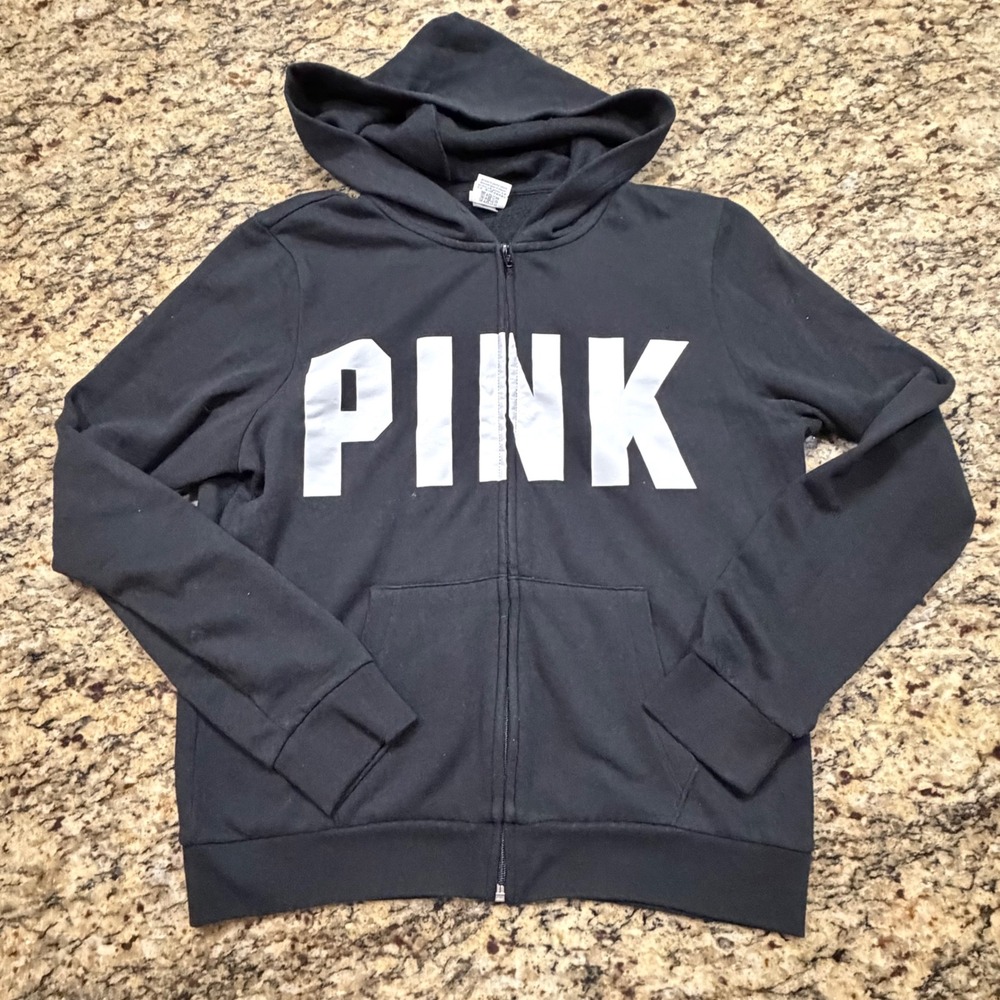 Victoria's Secret PINK Full Zip Hoodie Black White Logo Sweatshirt Womens Medium